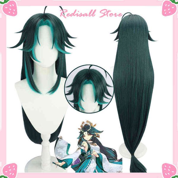 120 cm Genshin Impact Xiao peluca Cosplay versión femenina larga recta verde oscuro peluca sintética pelo resistente al calor para adultos Con Y220512