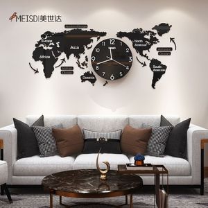 120 CM Poinçon-BRICOLAGE Noir Acrylique Carte Du Monde Grande Horloge Murale Design Moderne Autocollants Montre Silencieuse Maison Salon Cuisine Décor 2268u