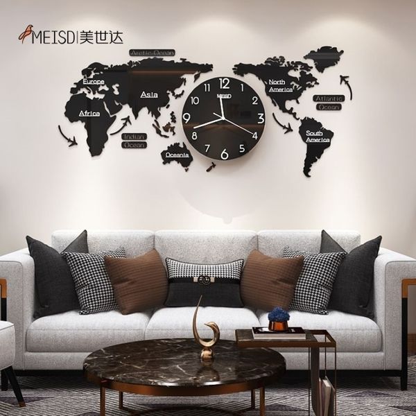 120 CM Punch- DIY Mapa del mundo de acrílico negro Reloj de pared grande Pegatinas de diseño moderno Reloj silencioso Decoración de la cocina de la sala de estar del hogar 2268u