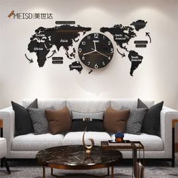 120CM sans poinçon bricolage noir acrylique carte du monde grande horloge murale Design moderne autocollants silencieux montre maison salon cuisine décor 211110