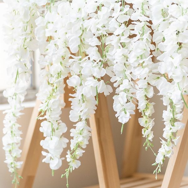 120 cm de soie blanc guirlande de fleurs artificielles pour la décoration de la maison de mariage Noël fausses fleurs chaîne de vigne glycine arc suspendu Y201020
