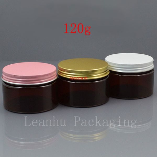 Pot de crème PET marron vide de 120g, blanc, rose, or, bouchon à vis en aluminium, bouteilles de parfum solides de 120ml, masque de 4oz, conteneur ambre, expédition