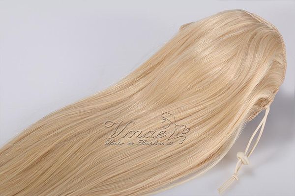 120g VMAE Couleur naturelle blonde # 613 Prêle brune serrée soyeuse Liens élastiques droits Cordon Queue de cheval Vierge Extensions de cheveux humains