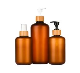 120 ml 250 ml 500 ml Frosted Amber Brown Plastic Pet Bottle Bamboo Cap Black White Lotion Pump Shampoo Packaging Containers 10 stCS STO6856329