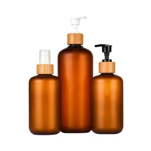 120 ml 250 ml 500 ml Frosted Amber Brown Plastic Pet Bottle Bamboo Cap Zwart White Lotion Pomp Shampoo verpakkingscontainers 10 stks STO283H