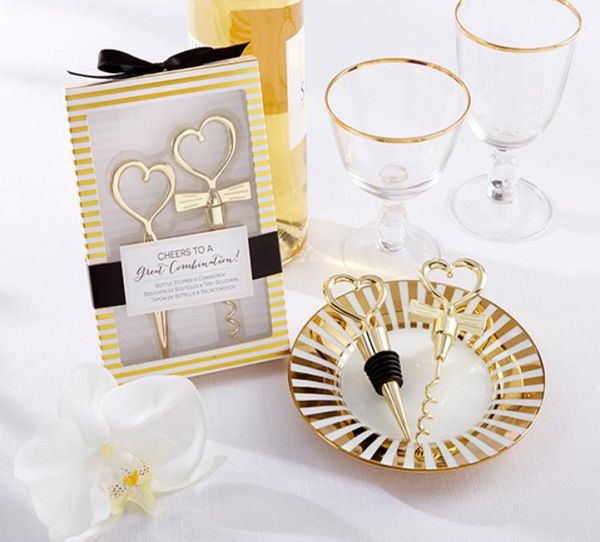 120 piezas 60 cajas Saludos a una gran combinación Tapón de botella de corazón dorado y sacacorchos Regalo de boda de vino para invitados Favores nupciales 4170648