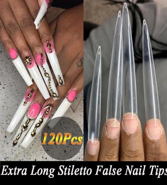 120pcSset Long Stiletto français acrylique faux ongle faux pointes nail art halte couverture ongles fausses pourbing Salon Manucure Supply 3Colors4502788