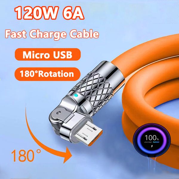 120W 6A Codo Micro USB 180 ° Cable de silicona líquida giratorio para iphone Samsung S3 S5 S6 Cable de teléfono Banco de energía Cable USB para jugar