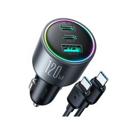 Cargador de coche USB C de 120 W para iPhone 15 Pro, JOYROOM Adaptador de cargador súper rápido de 3 puertos PD 100W35W QC 4.0 Cargador de teléfono para coche Carga rápida para iPhone 15/14/13 Pro Max