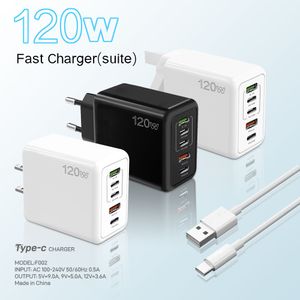 Bloc de chargeur mural rapide 120 W, 5 ports USB, station de charge, adaptateur multiprise 3PD Type C, 2 chargeurs de téléphone USB, chargeur de tablette avec câble de charge pour iPhone Samsung