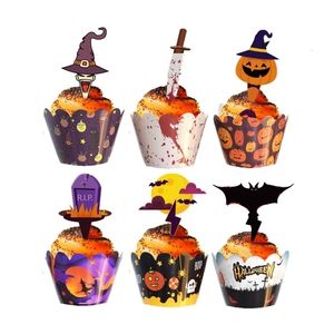 1224PCS Halloween Cartoon Pompoen Bat Cupcake Wrapper Paper Cake Toppers Happy Birthday Party Decoration Supplies 220815