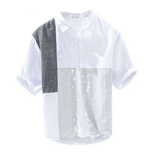 1231 Fresh Yarn Tishing Plaid Spliced Half Mancheve Linen Contrast Men's Men's Casual Youth Summer Linen Summer