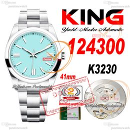 124300 K3230 Automatische heren Watch King 41mm Gepolijste ring Turquoise blauwe stok wijzerplaat 904L Steel Case Bracelet Super Edition dezelfde seriële kaart reloj hombre puretime