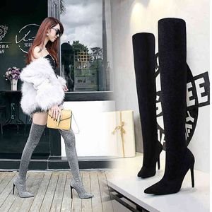 125-1 Sandales Vent Sexy Discothèque Talon Mince Super Haut Pointu Paillettes Tissu Long Tube Genou Bottes