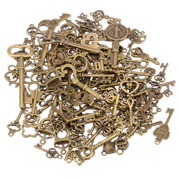 125 pièces/ensemble Vintage Antique Bronze squelette clés fantaisie coeur arc pendentif décor collier bricolage suspendu bijoux décor 210318