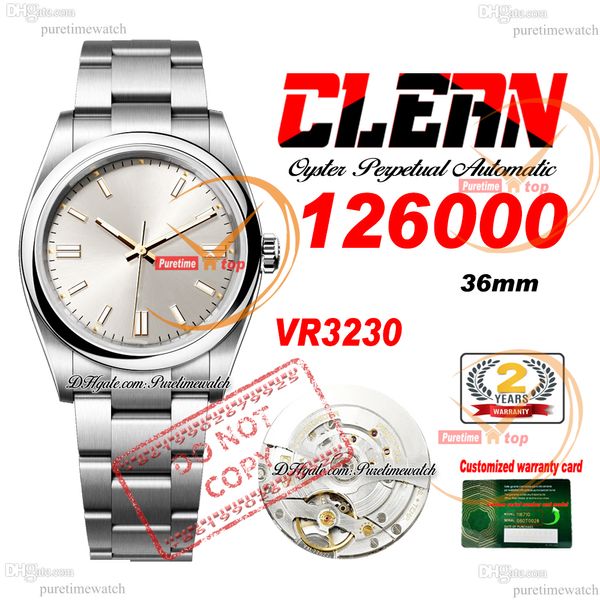 126000 VR3230 Automatique Unisexe Watch Mens Womens Watches Clean CF 36 mm Stick Stick Dial 904L Bracelet en acier inoxydable Super Edition Même série Card Puretimewatch