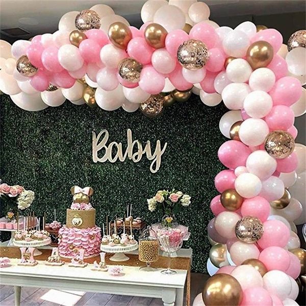 127pcs Pink Balloon Arch Garland Kit Blanco Rosa Oro Confeti Globos de látex Baby Shower Boda Fiesta de cumpleaños Decoraciones T200524