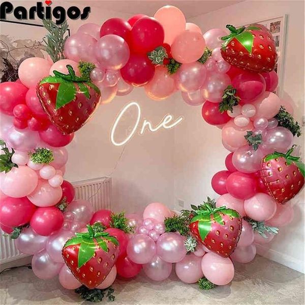 127 Uds. Kit de guirnaldas de globos para decoración de fiesta de fresas para niñas, suministros para fiesta de primer y segundo cumpleaños, decoración temática de fresa AA220193p