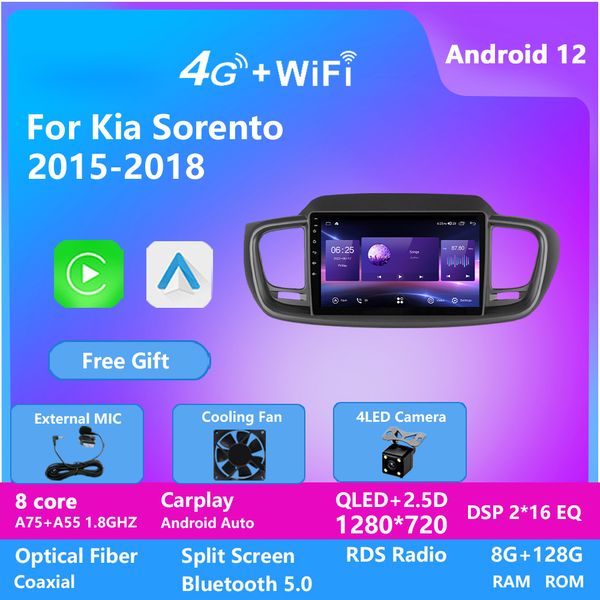 128G Android 12 Radio vidéo 2din Car pour Kia Sorento 2015-2018 WiFi Stéréo GPS Multimedia Player IPS Écran construit dans CarPlay