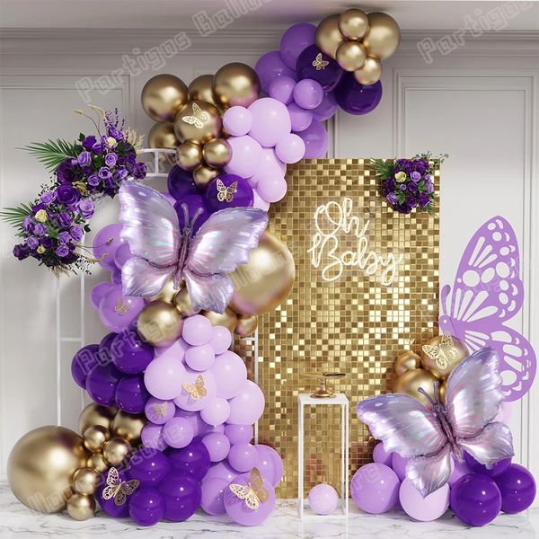 128pcs Macaron Purple Butterfly Balloon Arch Garland Kit Glome Globals Theme Butterfly Fiest Baby Shower Decoración 240429