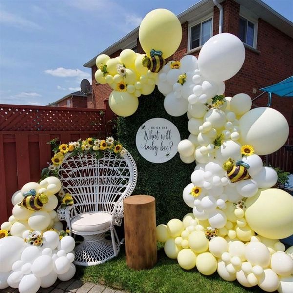 129pcs jaune blanc abeille ballon guirlande arc kit feuille bourdon ballons pour bébé douche sexe révéler abeille fête décoration 220527