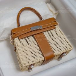 12a 1: 1 Designer Designer Luxe handtassen van topkwaliteit speciaal op maat gemaakte zilveren gesp 20 cm picknick bamboe riettassen allemaal met de hand geweven bruine casual draagtassen met originele doos.