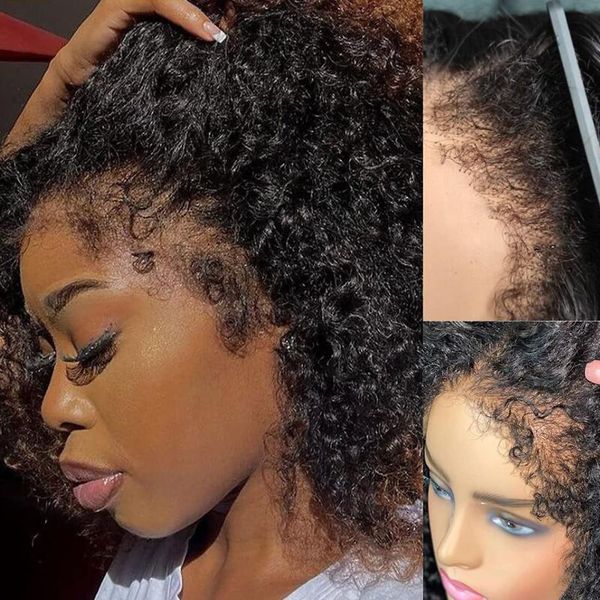 Perruque Afro crépue bouclée sans colle 12A 4C, cheveux humains avec cheveux de bébé bouclés, perruque frontale en dentelle transparente HD avec ligne de cheveux réaliste pour femme