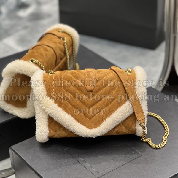 12A Tout nouveau miroir de qualité Designer 21cm Petit sac d'enveloppe Sacs en daim pour femmes Sacs à main de luxe Shearling Sac à main matelassé Bandoulière Camel Bandoulière Sac avec boîte