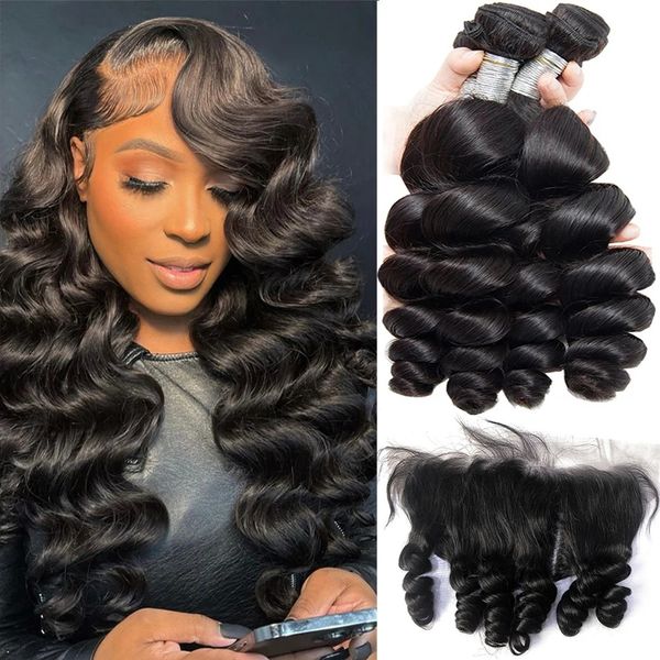 Mèches péruviennes Remy 100% naturelles Loose Wave, avec Frontal, avec Closure, Loose Wave, 12A