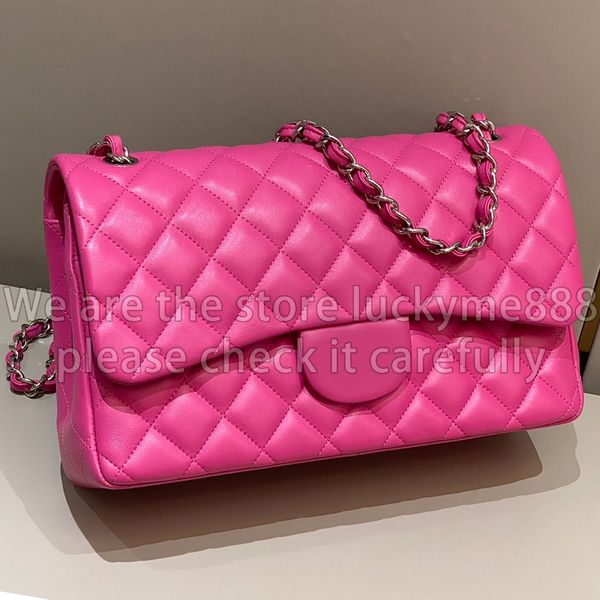 12A Diseñador de calidad de espejo Jumbo Classic Double Flap Bag 30 cm Bolsos acolchados de cuero real para mujer Bolsos de lujo Caviar Monedero de piel de cordero Hot Pink Hombro Cadena Bolsa de caja