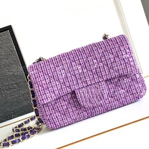 Sac de luxe de qualité miroir 12a sac de concepteur classique sac à main dames tweed en cuir authentique 20 cm sac à bandoulière violet printemps / été décontracté à paille de diamant à paille