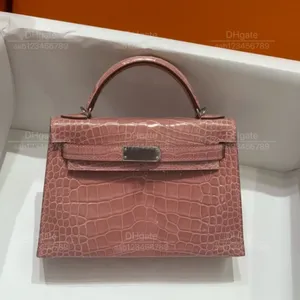 12A Mirror Quality Luxury Classic Designer Sac dames'bag All Mandmade Crocodile Sac authentique sac en cuir 19cm Sac à boucle argentée rose