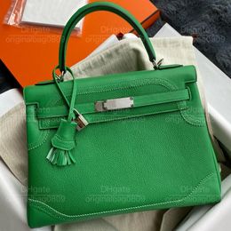 12A Top Kwaliteit Designer Tote Bags Alle handgevoelde origineel leerstijlvolle retro Pure Bamboo Green Silver Buckle verfraaide 32 cm dames luxe handtassen met doos.