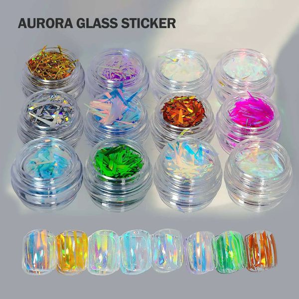 12 boîtes Aurora papier de verre à ongles irrégulier feuille d'ongle décalcomanie dégradé Laser bonbons papier manucure décor bricolage Gel vernis autocollants décor 240307