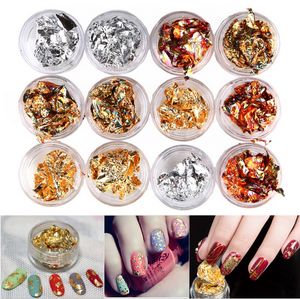 12Box / Lot Goud Zilver Koper Nail Art Polish Glitter Folie Paillette Chip Stickers Decals Tips Design Decoratie Manicure Tools Set