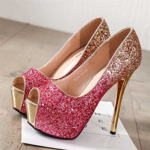 12cm / 14cm Super talons hauts femmes pompes nouveau dégradé paillettes tissu Peep Toe Party dames Rose rouge mode plate-forme chaussures de mariage 230424