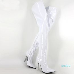 12 cm talon haut blanc exotique fétiche Sexy métal talon mince bottes femmes grande taille 45 bout pointu cuisse haute Boots2022