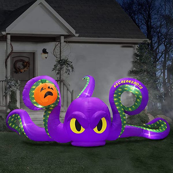 12 pieds de large Halloween Giant Engopus géant avec citrouille, soufflez des décorations de poisson de diable avec des lumières LED pour les décorations d'Halloween extérieures