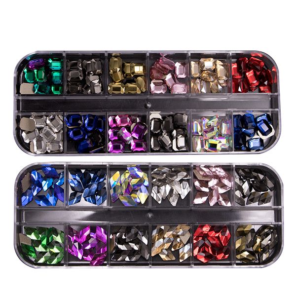 12 grille gros cristal acrylique Nail Art strass ensemble coloré multi AB forme prismatique diamant manucure accessoires kits boîte paquet NAR020