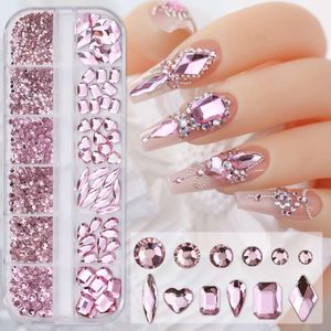 12 Grids Pink Charms Mixed Glitter Joyas de cristal Gemas Decoración de arte de uñas Manicure Rhinestones R#Q