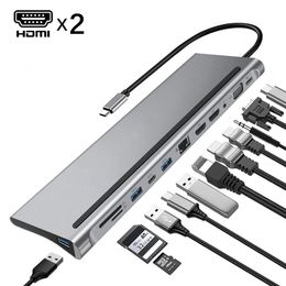 Station d'amarrage de 12in1 Type-C à double HDMI * 2 VGA Audio 3,5 mm TF / SD Reader RJ45 Ethernet PD Charge USB-C Hub pour téléphone portable Tab 240104