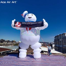 12m 39,4 pieds de haut cartographie gonflable personnage gonflable Ghostbuster reste puft Marshmallow Man avec bannière de slogan publicitaire sur 2 mains pour la décoration d'Halloween