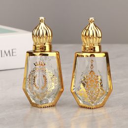 Botellas de rodillo de aceite esencial de cristal árabe dorado de 12 ml, botella de perfume de vidrio Attar Oud con rollo de vidrio en botella