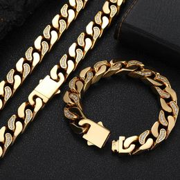 12mm 16-24 pouces plaqué or en acier inoxydable Bling CZ chaîne cubaine collier 7/8/9 pouces Bracelet pour hommes femmes mode bijoux cadeau