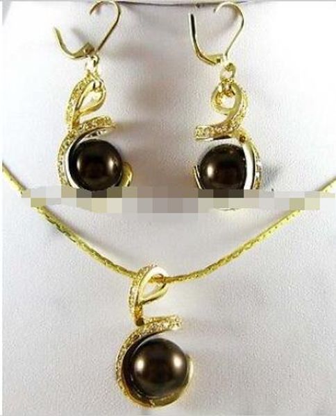 Ensemble de boucles d'oreilles et pendentif en perles de coquillage des mers du Sud, chocolat, 12mm, 18 pouces