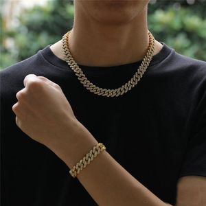 12mm Cubaanse Link Chain Gold Silver Legering Ketting Armband Iced Out Crystal Rhinestone Bling Choker Kettingen Hip Hop Sieraden voor Mannen GM