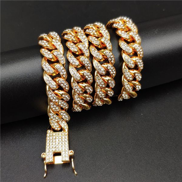 Collar de cadena de eslabones cubanos de 12 mm, conjunto de joyas, collar de Miami de acero inoxidable chapado en oro real de 18 quilates con hebilla de resorte de diseño