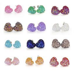 12 mm mode handgemaakte hars zeemeermin hart druzy oorbellen trendy eenvoudige roestvrijstalen toon groothandel hars stenen oorbel voor dame cadeau