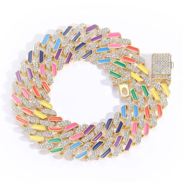 Collier cubain glacé 12MM, chaîne à maillons pour femmes, cristal néon coloré émail ras du cou arc-en-ciel CZ Bracelet bijoux