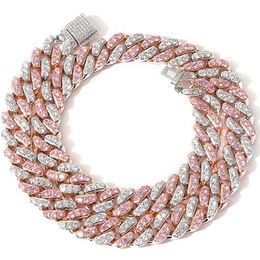 Gargantilha cubana rosa gelada de 12mm, colar de prata, ouro rosa, ligação cubana com diamantes rosa brancos, joias de zircônia cúbica, 7 polegadas-24 polegadas182c